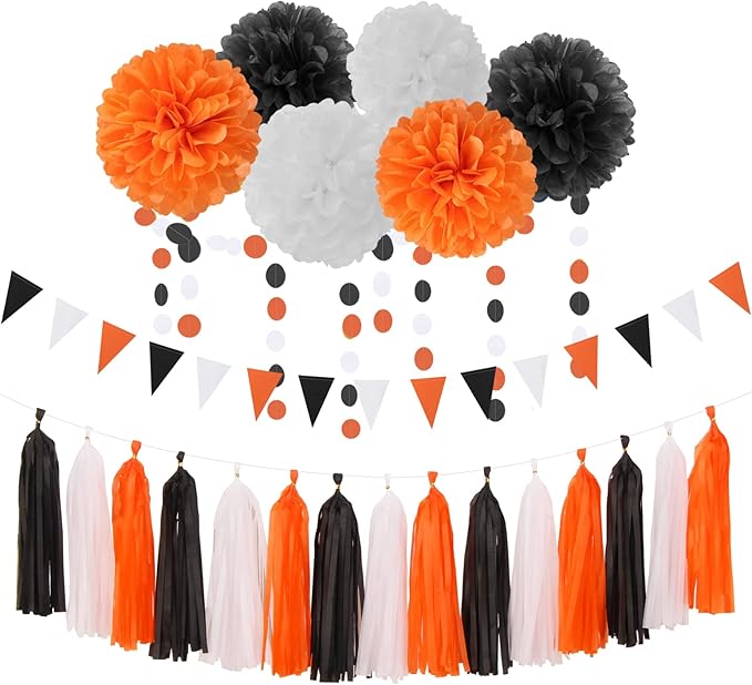 Black White Orange Halloween Party Decorations 23pcs Tissue Pom Poms