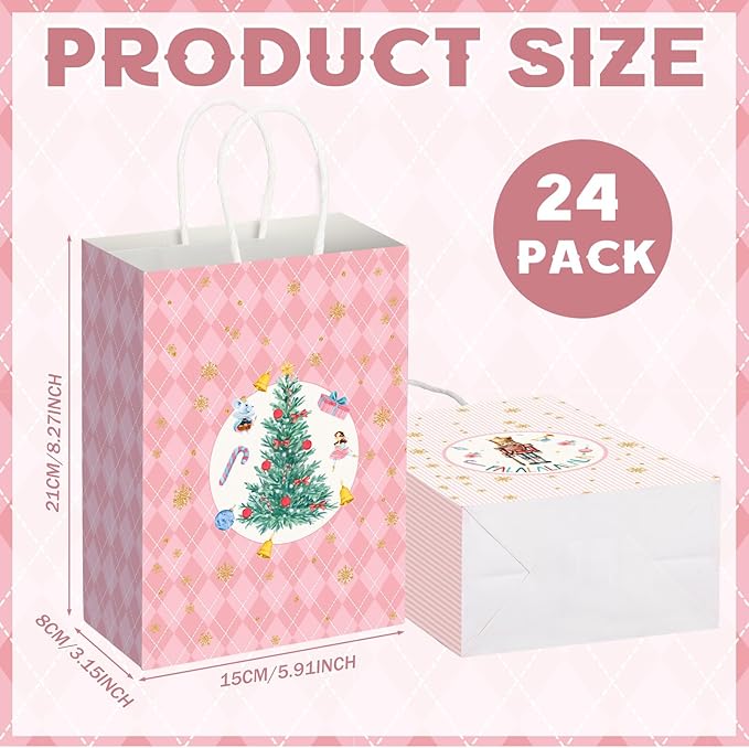 24 Pcs Pink Christmas Party Favors Gift Goodie Bags with Handles