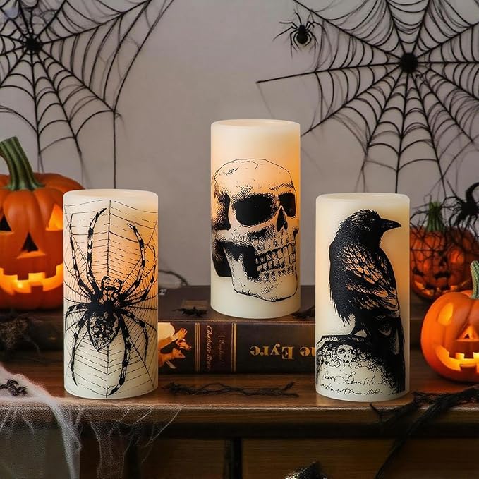Halloween Flameless Candles with Skull Spider Web Crow Raven Decal
