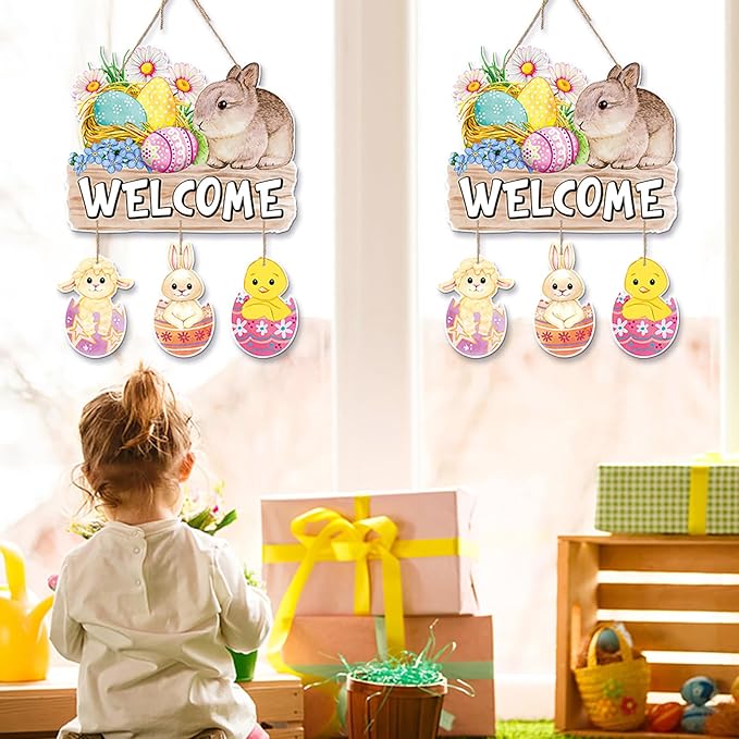 Easter Egg Bunny Home Front Door Hanger Decor 4pcs Pastel Rainbow