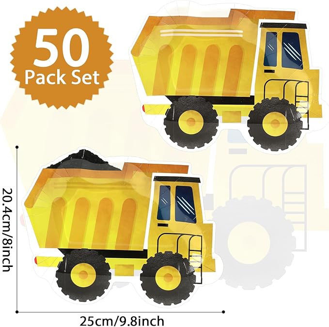 50 Pcs Construction Birthday Party Supplies Paper Plates Truck Theme