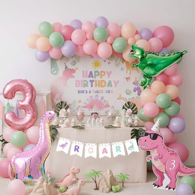 Dinosaur Balloon Garland Arch Kit Pastel Pink green and purple with