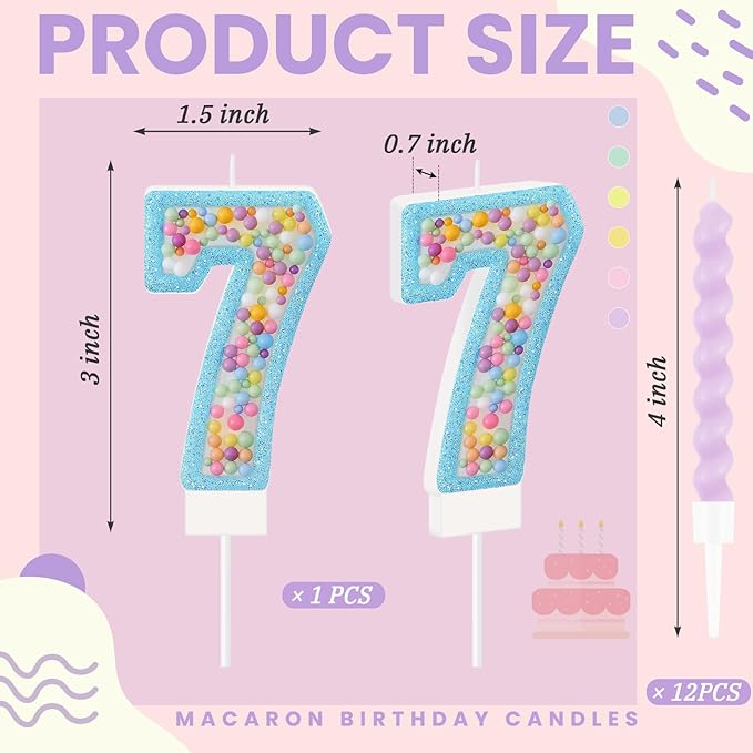 MTLEE Number 7 Birthday Candle Macaron Glitter 3D Number Candle with