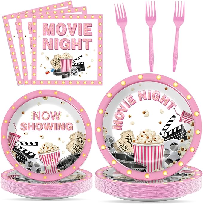 96Pcs Movie Night Party Supplies Pink Movie Birthday Plates and