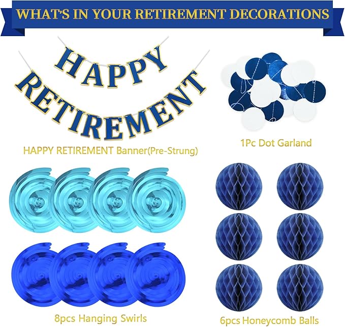 Retirement Party Decorations Kit for Women Men 16 Piece Elegant Blue