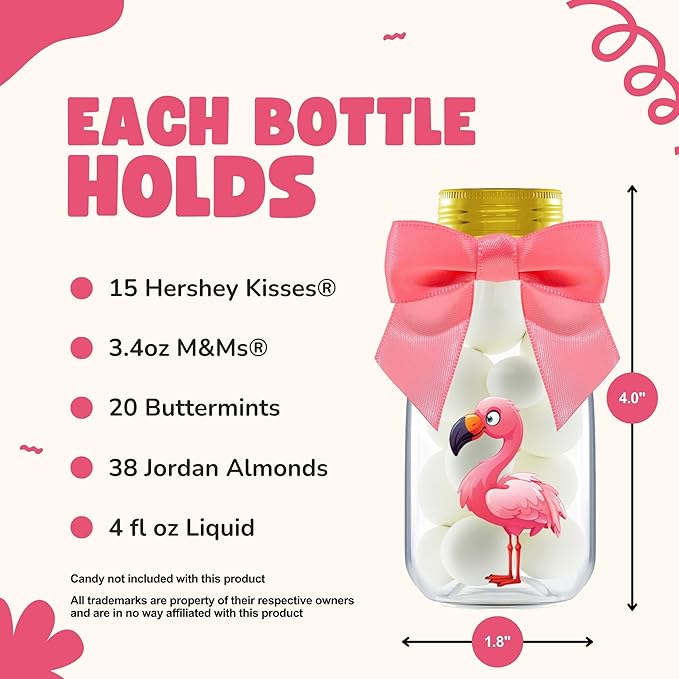 Small 12 Pack Flamingo Party Favors DIY Candy Jars with Ribbons and