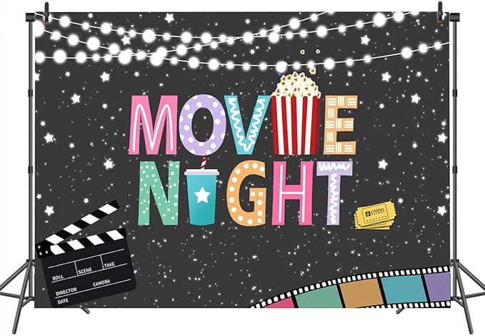 Popcorn Movie Night Birthday Party Backdrop String Lights Stars