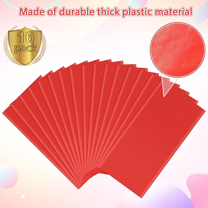 16 Pack Red Plastic Tablecloth for Rectangle Tables, Premium