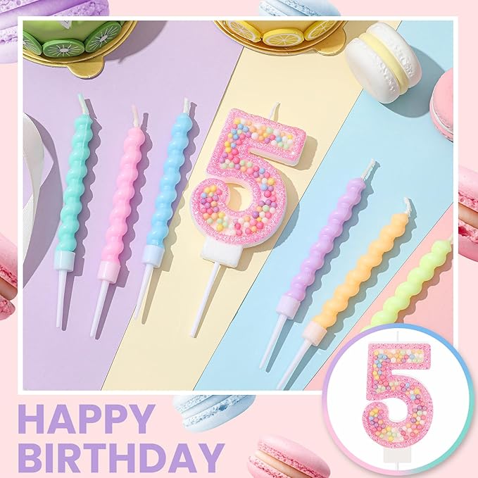 MTLEE Number 5 Birthday Candle with 12 Pcs Spiral Candles for Girls