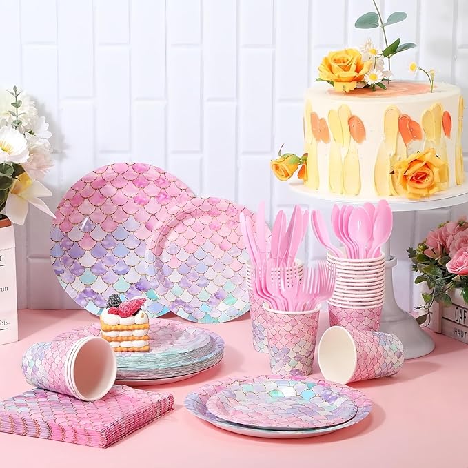 168 Pcs Mermaid Birthday Party Decorations Plates Set for 24 Guests