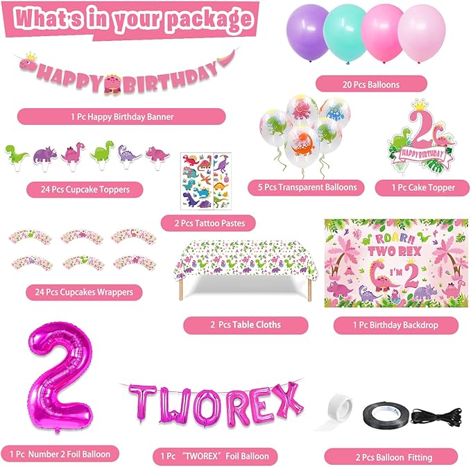 Dinosaur Birthday Party Supplies for 2 Year Old Girl Two Rex Pink