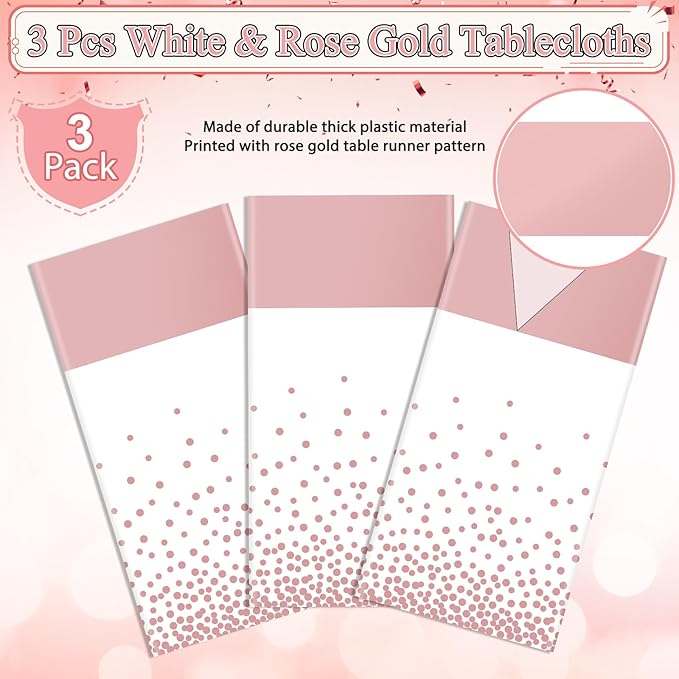 3Pcs White and Rose Gold Tablecloth Party Decorations,Plastic White