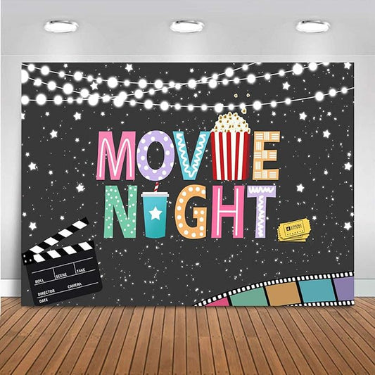 Popcorn Movie Night Birthday Party Backdrop String Lights Stars