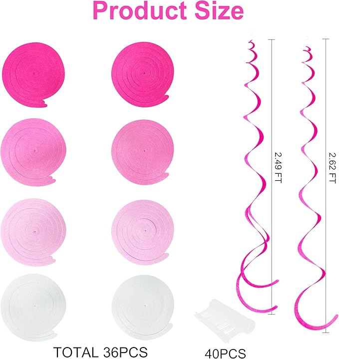 36 Pcs Hot Pink Hanging Swirl Decorations Ombre Pink White Felt Swirl