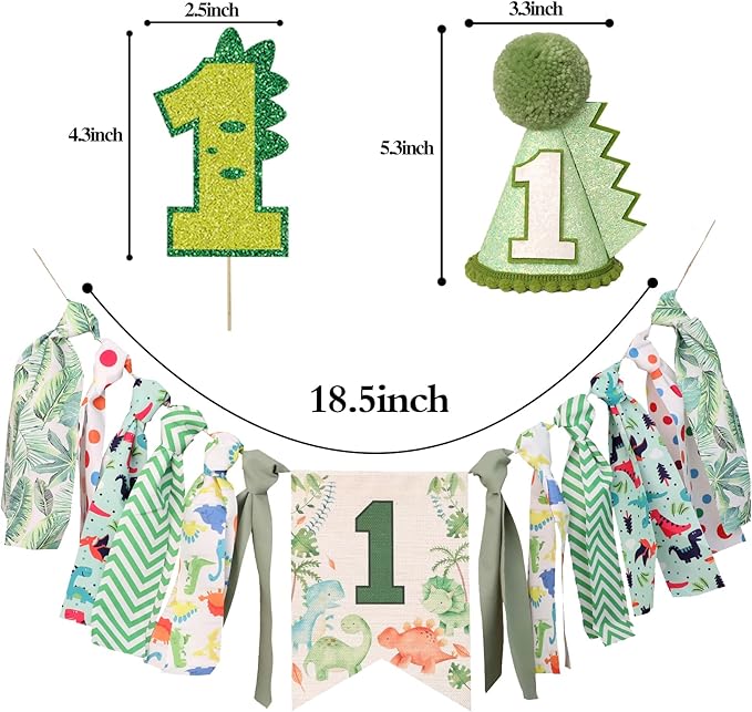 Dinosaur Theme 1st Highchair Banner Tassel Garland Dino Conical Cap