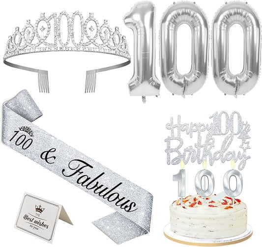 100th Birthday Decorations for Women Silver with 100th Birthday Sash