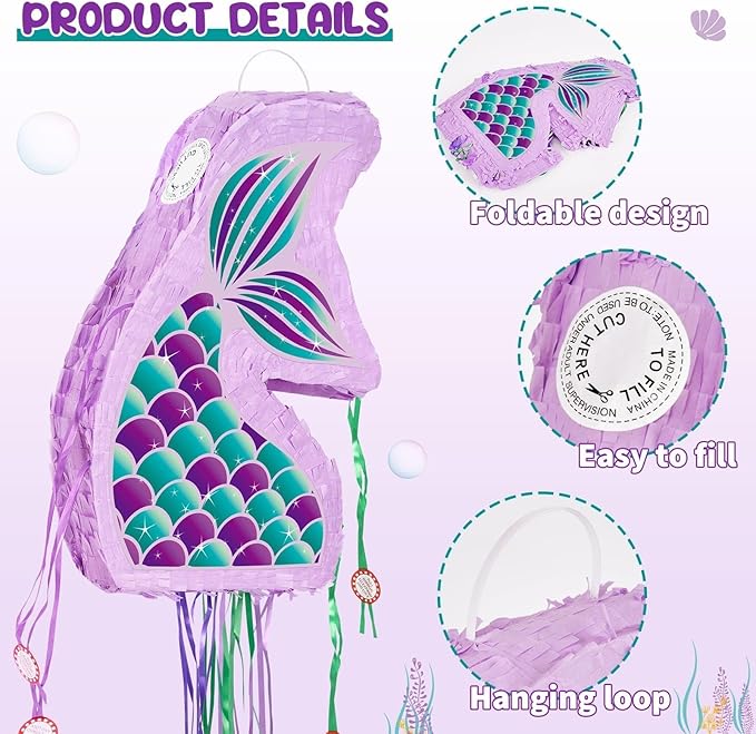 Foldable Mermaid Piñata Pull String Mermaid Birthday Party Supplies