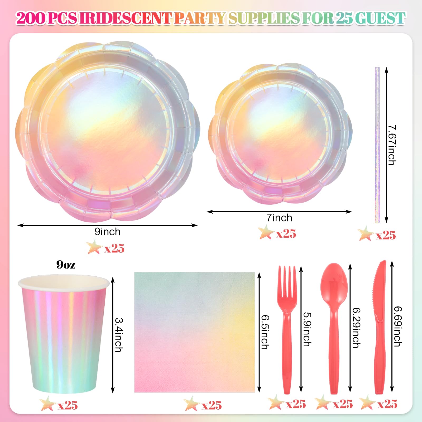 NatNarr 200 Pcs Iridescent Pastel Party Supplies Decorations, 25 Guest