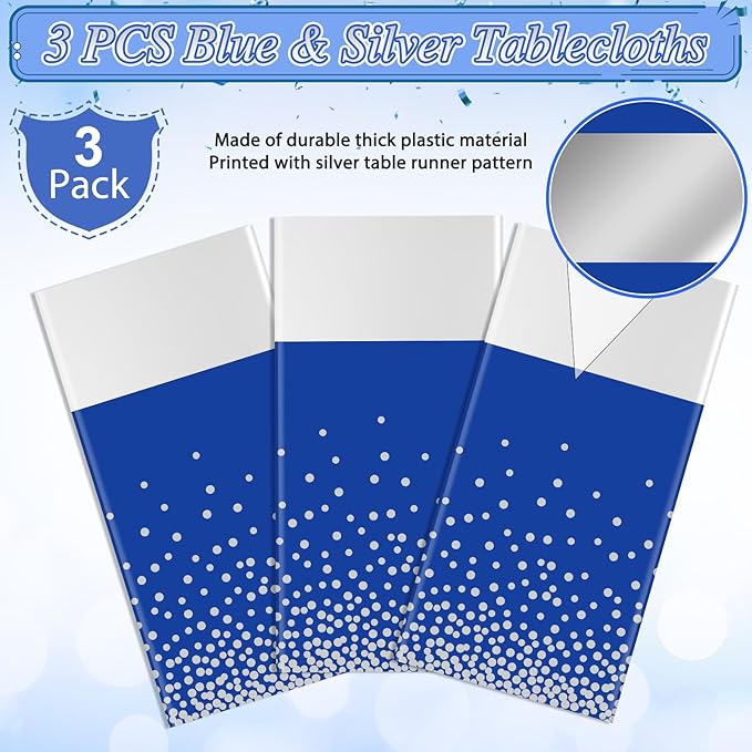 3Pcs Blue and Silver Tablecloth Party Decorations,Plastic Royal Blue