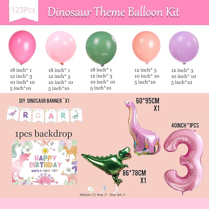 Dinosaur Balloon Garland Arch Kit Pastel Pink green and purple with