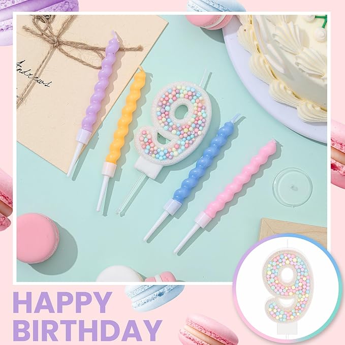 MTLEE Number 9 Birthday Candle with 12 Pcs Spiral Candles for Girls Ma