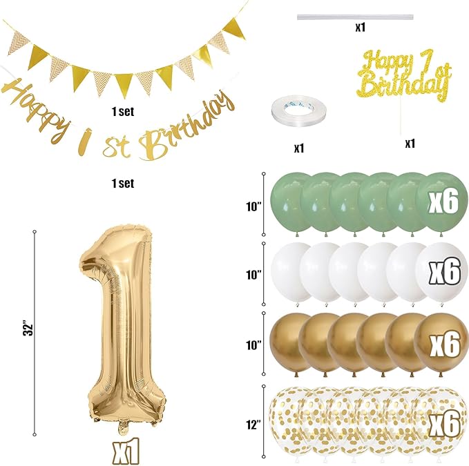 1st Birthday Decorations for Boys Girls Sage Green White Gold