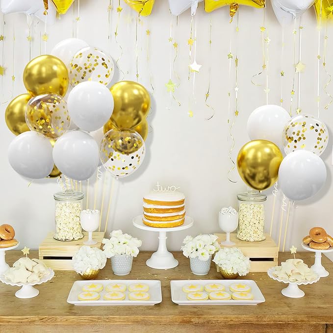 62pcs Gold White Balloons Kit - 12 Inches Gold White Confetti Party