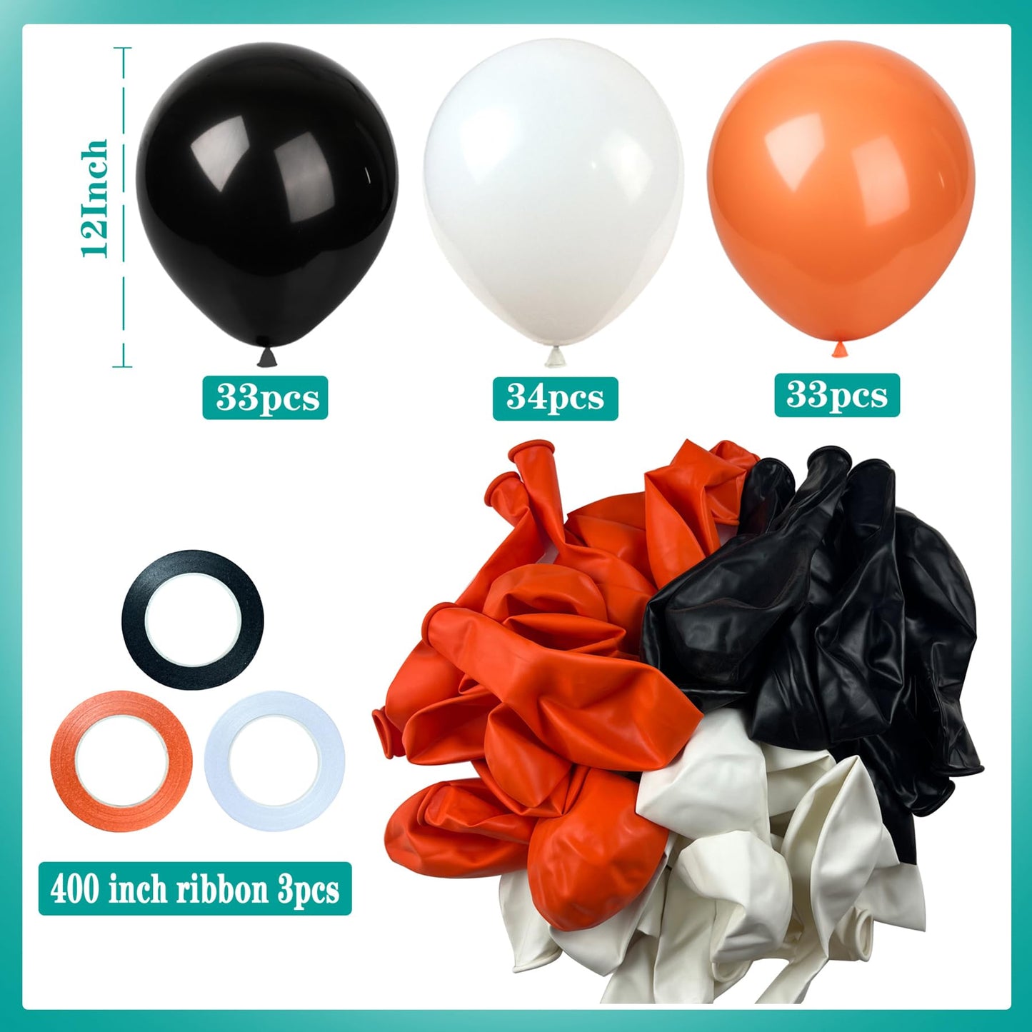 KADBANER Black White Orange Balloons,100 Pack 12 Inch Latex