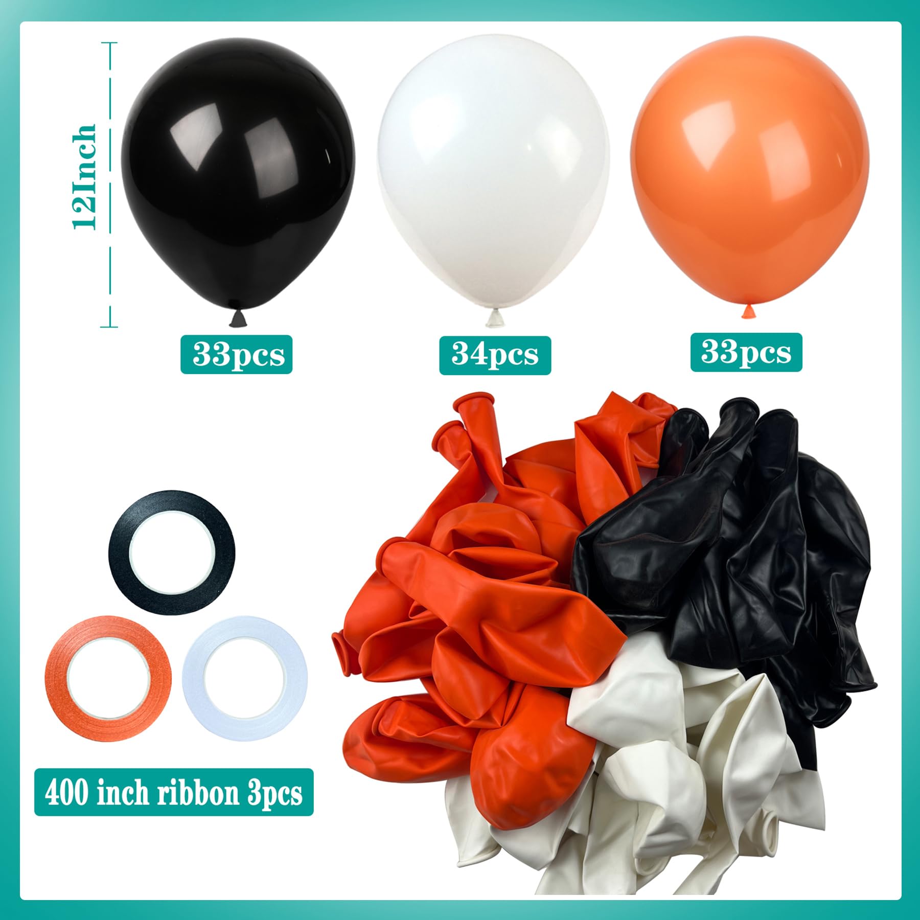 KADBANER Black White Orange Balloons,100 Pack 12 Inch Latex