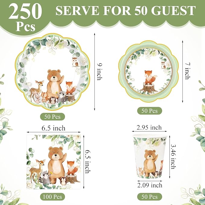 250 Pcs Woodland Baby Shower Party Decorations Safari Animals Paper