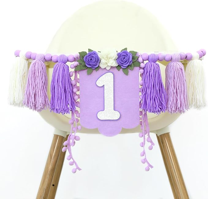 Handmade Wildflower 1st Birthday HighChair Banner Purple White Party