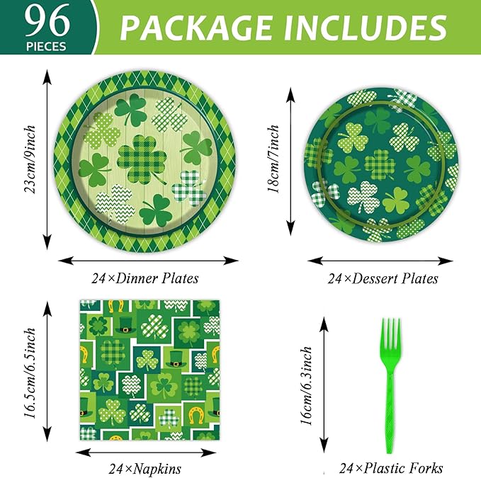 96 Pcs St Patrick's Day Tableware Set Lucky Green Shamrock Plates