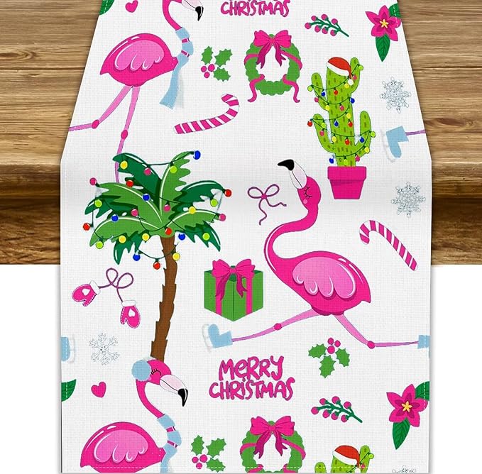 Summer Flamingo Table Runner, Cute July Christmas Flamingo Tropical