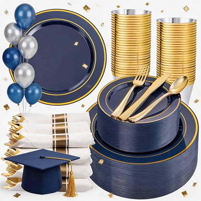 WDF Partyware 350PCS Navy Blue and Gold Plastic Plates with Rolled