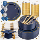 WDF Partyware 350PCS Navy Blue and Gold Plastic Plates with Rolled