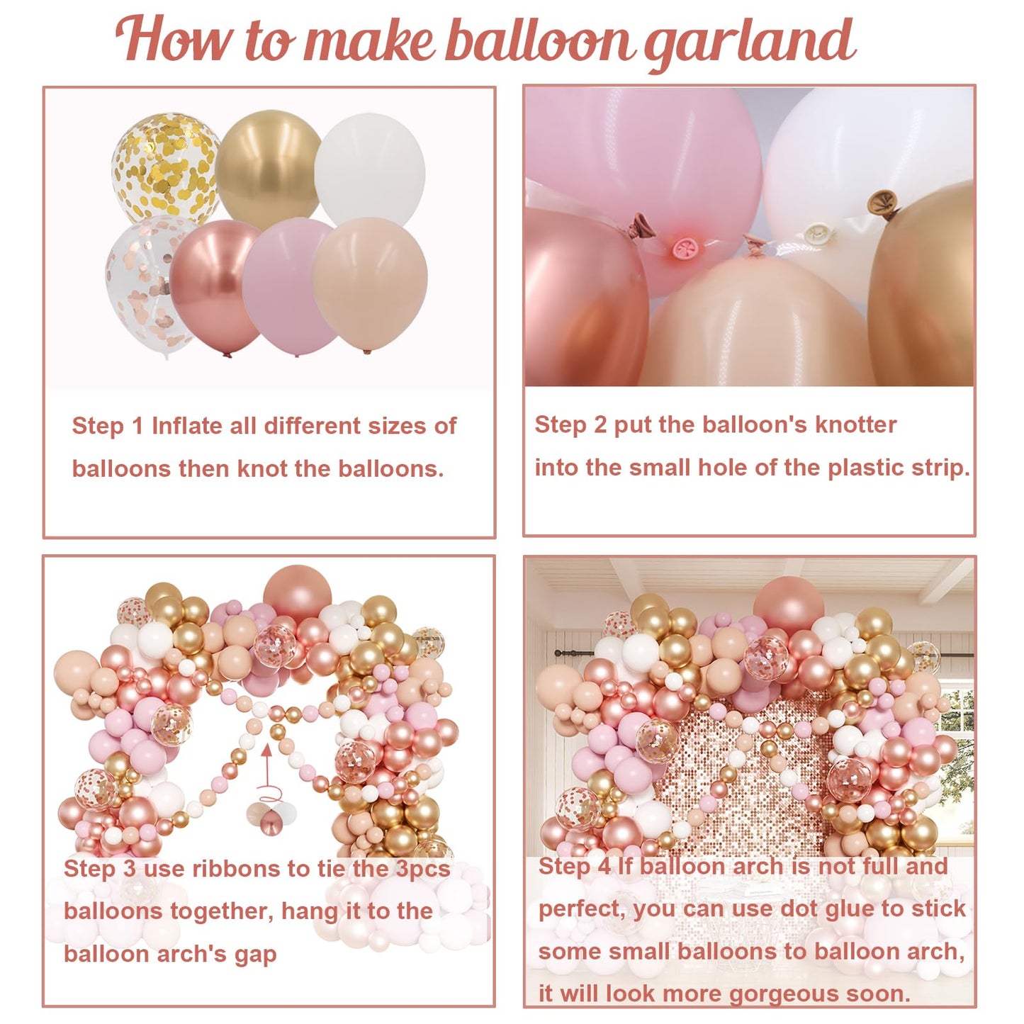 Rose Gold and White Balloons Garland Arch Kit, 162pcs Metallic Rose