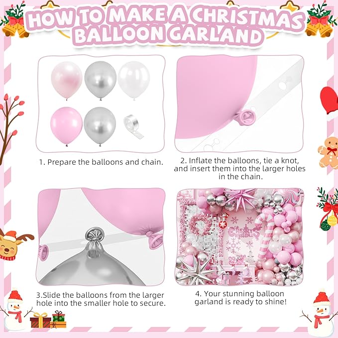 Christmas Balloon Arch Kit Pink and White Silver Balloons Garland