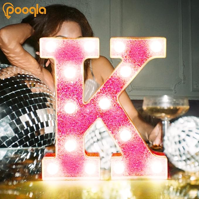 Pooqla LED Marquee Letter Lights, Pink Glitter Alphabet Sign Battery P