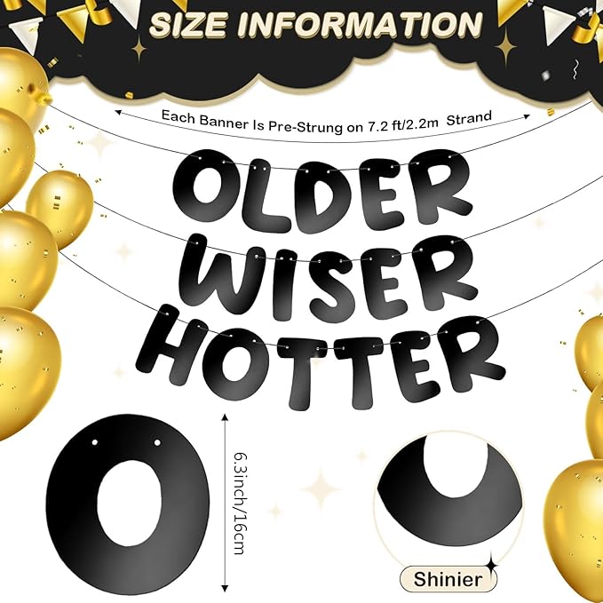 Fulmoon Set of 3 Pre Strung Older Wiser Hotter Glitter Banner Funny #1