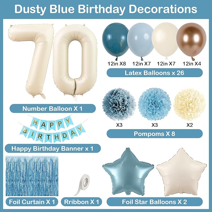 Dusty Blue 70th Birthday Party Decorations for Women Men Beige Cream