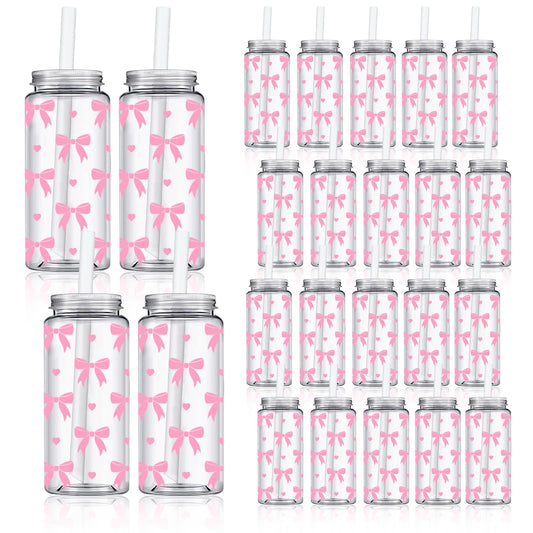 Whaline 20Pcs Coquette Pink Bow Plastic Cups with Lids and Straws