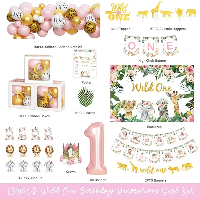 130 PCs Wild One Birthday Decorations Girl Hombae Safari Jungle