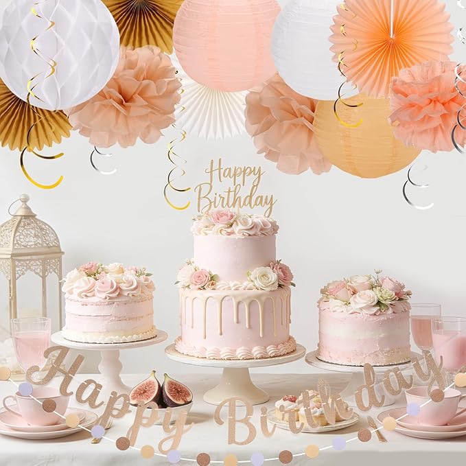 Champagne Gold & Peach Boho Birthday Party Decor Kit 21 Piece Autumn