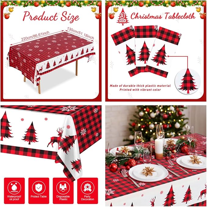 3PCS Christmas Tablecloth Red and Black Buffalo Plaid Rectangular
