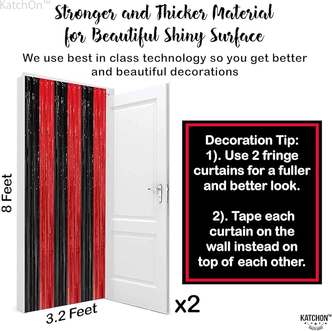 KatchOn Red and Black Fringe Curtain - 6.4x8 Ft Pack of 2 | Red and