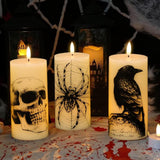 Halloween Flickering Candles Remote with Skull Spider Web Crow Raven