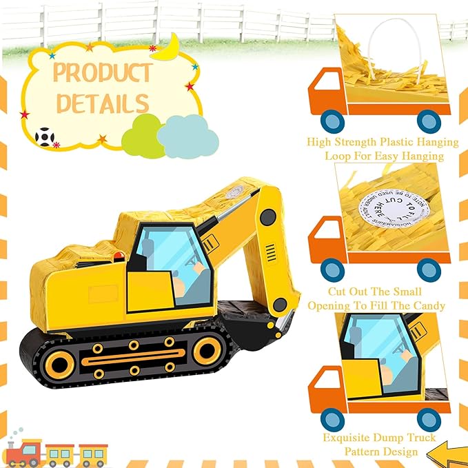 Construction Dump Excavator Piñata with Blindfold and Bat Tractor