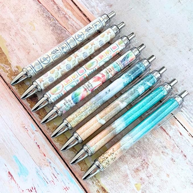 8PC Glittery Beach Pens Cute Sparkly Sea Shells Coconut Trees Sea
