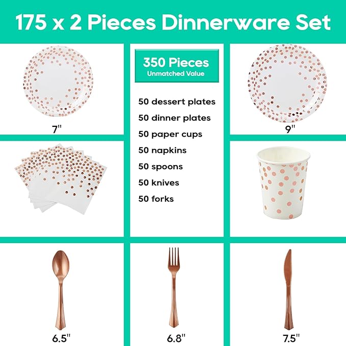 White and Rose Gold Party Supplies - 350 PCS Disposable Dinnerware