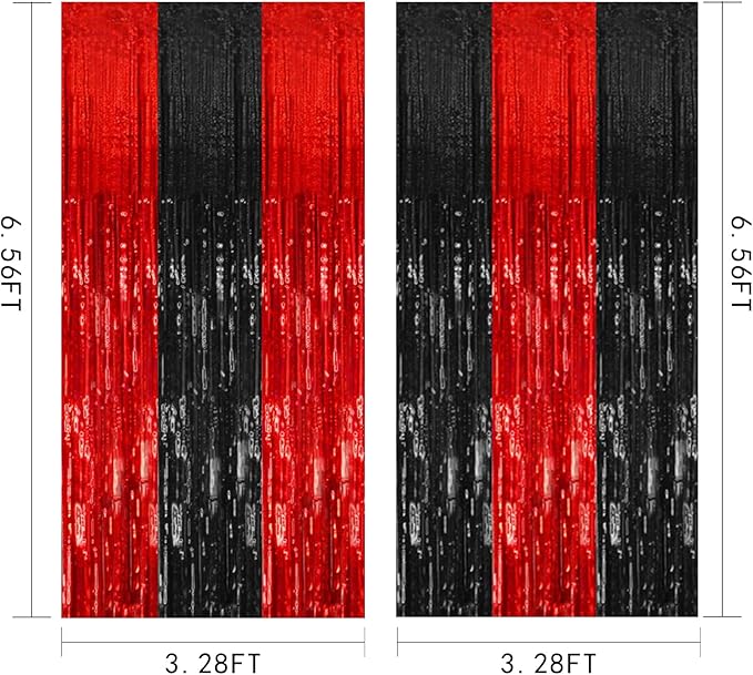 2 Pack Black and Red Backdrop Party Decorations Tinsel Curtain